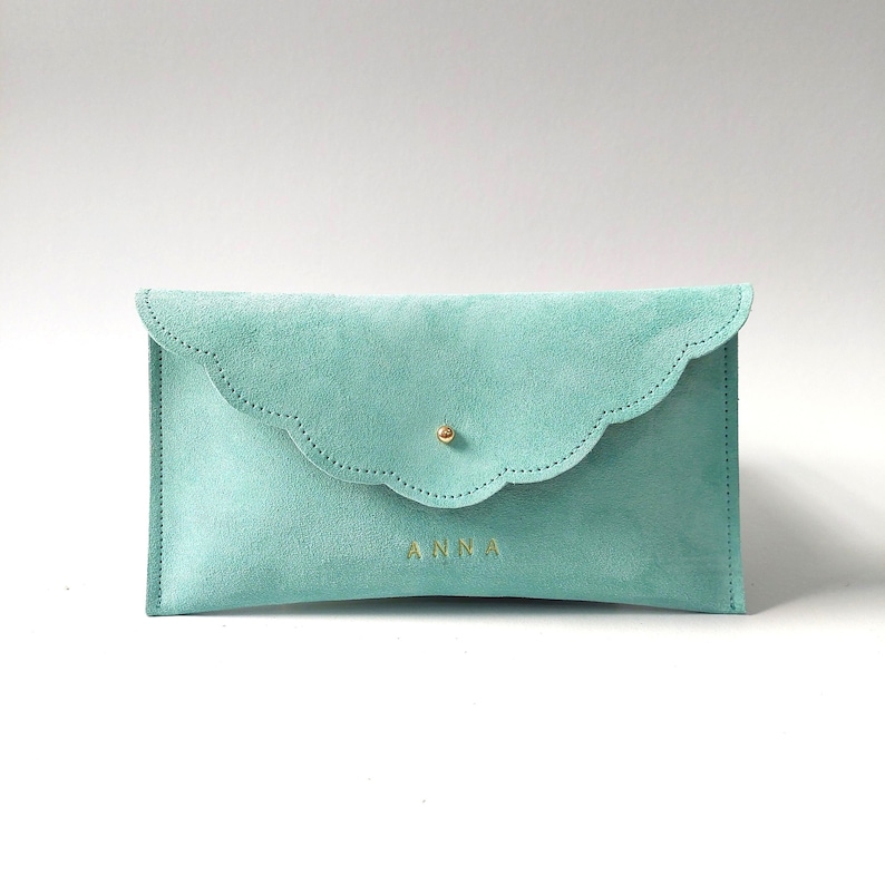 Personalized Suede Leather Pouch, Wrist Clutch, Bridesmaid Gift image 1