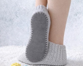 Pre-Punched Suede Leather Soles: Adult Slippers, Mid Gray Anti-slip Booties, Knit Socks