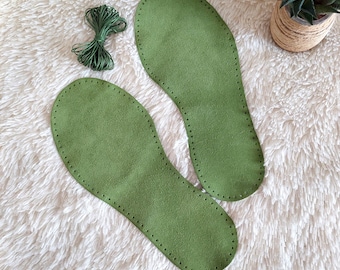 Pre-Punched Suede Leather Soles: Adult Slippers, Green Anti-slip Booties, Knit Socks
