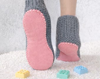 Pre-Punched Suede Leather Soles: Adult Slippers, Pink Anti-slip Booties, Knit Socks