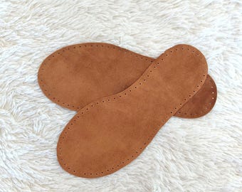 Pre-Punched Suede Leather Soles: Adult Slippers, Camel Brown Anti-slip Booties, Knit Socks