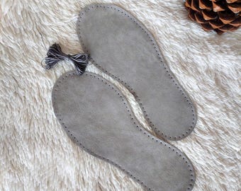 Pre-Punched Suede Leather Soles: Adult Slippers, Gray Anti-slip Booties, Knit Socks