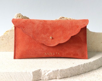 Personalized Suede Leather Pouch, Wrist Clutch, Bridesmaid Gift