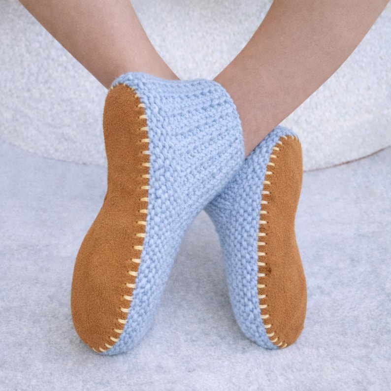 Pre-Punched Suede Leather Soles: Adult Slippers, Camel Brown Anti-slip Booties, Knit Socks image 4