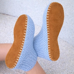 Pre-Punched Suede Leather Soles: Adult Slippers, Camel Brown Anti-slip Booties, Knit Socks image 8