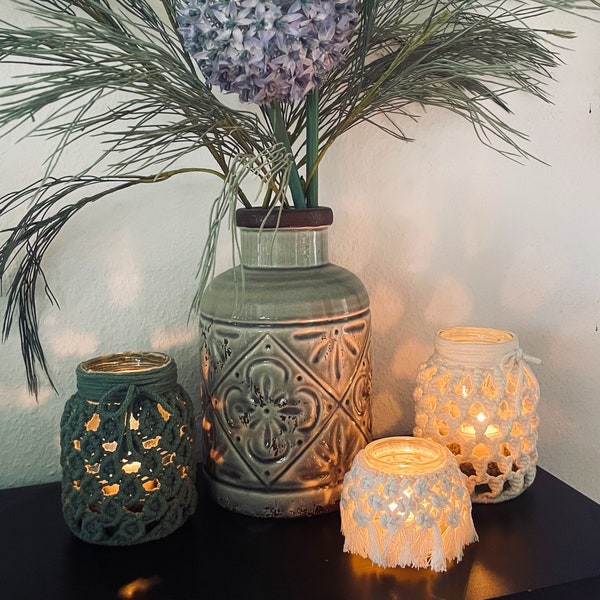Großes Makramee Windlicht / Vase, Dekoration, Boho Deko und Wohnaccessoires