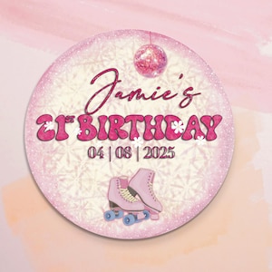 70er Jahre Retro Geburtstagssticker | Personalisierte rosa Gänseblümchen-Party-Aufkleber | Disco Ball Gastgeschenk | 70s Hippie Anhänger | Vintage Party Aufkleber