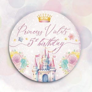Pegatinas de agradecimiento de cumpleaños de princesa, etiqueta personalizada de recuerdo rosa, etiqueta de castillo mágico, pegatina linda para fiesta de niña, etiqueta redonda para bolsa de regalo, etiqueta de comida para fiesta