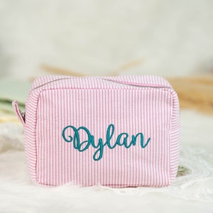 Personalized Seersucker Makeup Bag, Embroidered Cosmetic Bag, Monogram Toiletry Bag, Travel Cosmetic Pouch, Bridesmaid Gifts, Back to School image 2