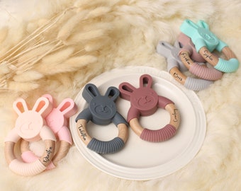 Anneau de dentition lapin personnalisé, anneau de dentition pour bébéCadeau personnalisé, anneau de dentition en silicone, anneau de dentition pour bébé, gifs de douche, cadeau pour bébé, jouet en silicone.