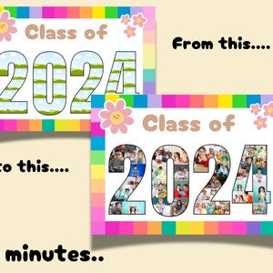 May include: A colourful class of 2024 sign with a rainbow background and flowers. The numbers are outlined in black and filled with photos. The sign is ideal for a graduation party or photo booth.