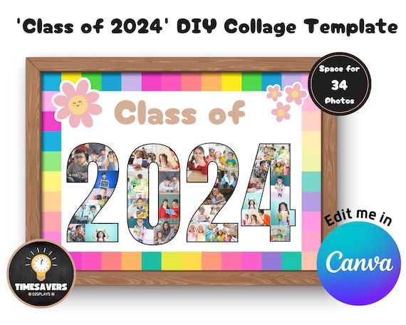 Graduation collage template, Class of 2024 Canva drag and drop template, Kindergarten graduation photo frame, Teacher end of year gift