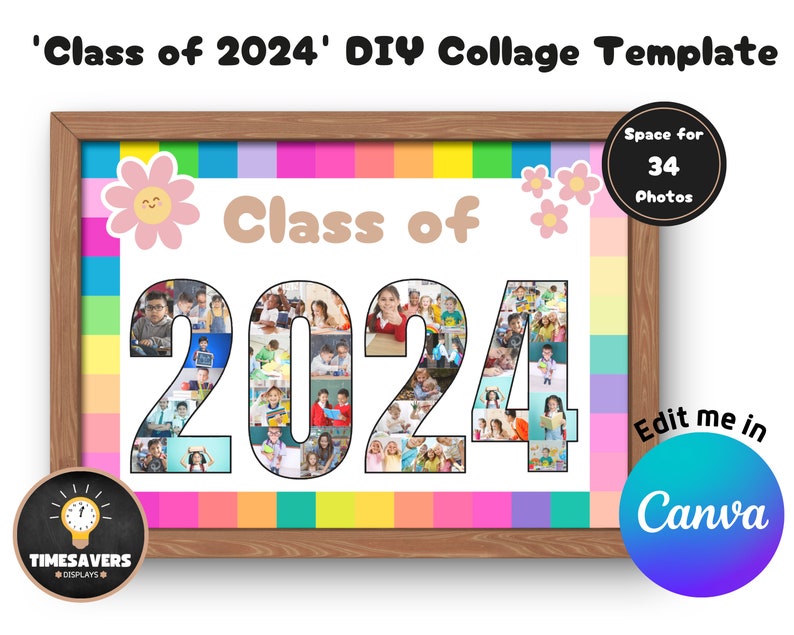 May include: A printable collage template for a class of 2024. The template features a rainbow background with a white space for 34 photos in the shape of the numbers 2024. The text 'Class of 2024' is at the top of the template. The text 'Edit me in Canva' is at the bottom of the template.