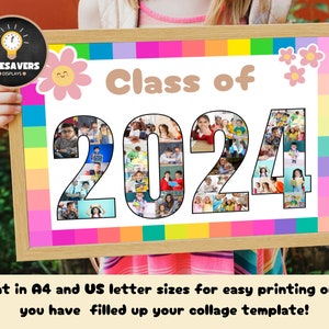 May include: A printable class of 2024 collage template with a rainbow border and a pink flower design. The numbers are made up of photo squares.