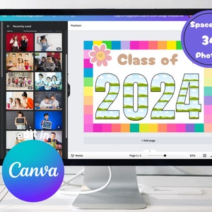May include: A computer screen showing a Canva design template for a class of 2024 graduation photo collage. The template has a colourful background with a flower and the text "Class of 2024". The design has space for 34 photos.