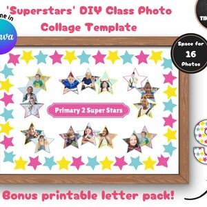 May include: A printable classroom bulletin board collage template featuring a white background with a pink banner that says "Primary 2 Super Stars". The template is decorated with a border of yellow, pink, and blue stars. There are 16 spaces for photos, and a bonus printable letter pack is included.