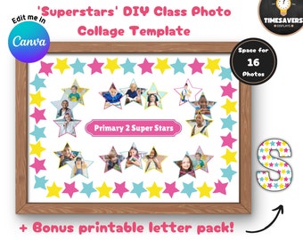 Class composite photo collage template, Canva photo drag and drop template, Kindergarten graduation photo frame, Pupil photo collage stars
