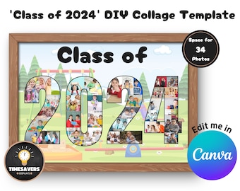 Graduation collage template, Class of 2024 Canva drag and drop template, Kindergarten graduation photo frame, Teacher end of year gift