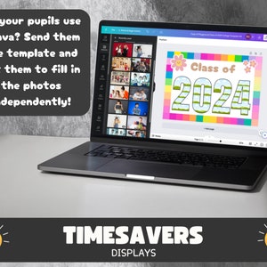 May include: A laptop computer displaying a Canva design template for a class of 2024 graduation collage. The template features a colourful border with flowers and the text "Class of 2024". The laptop is on a white surface with a grey background.