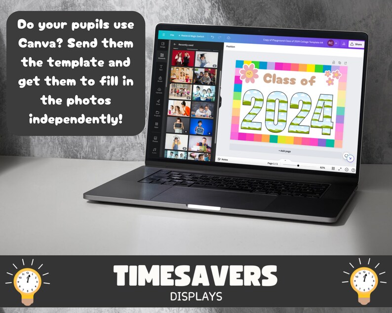 May include: A laptop computer displaying a Canva design template for a class of 2024 graduation collage. The template features a colourful border with flowers and the text "Class of 2024". The laptop is on a white surface with a grey background.
