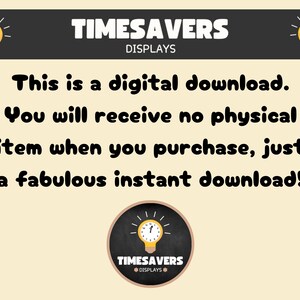 May include: A yellow digital download announcement with a lightbulb graphic and the text "This is a digital download. You will receive no physical item when you purchase, just a fabulous instant download!"
