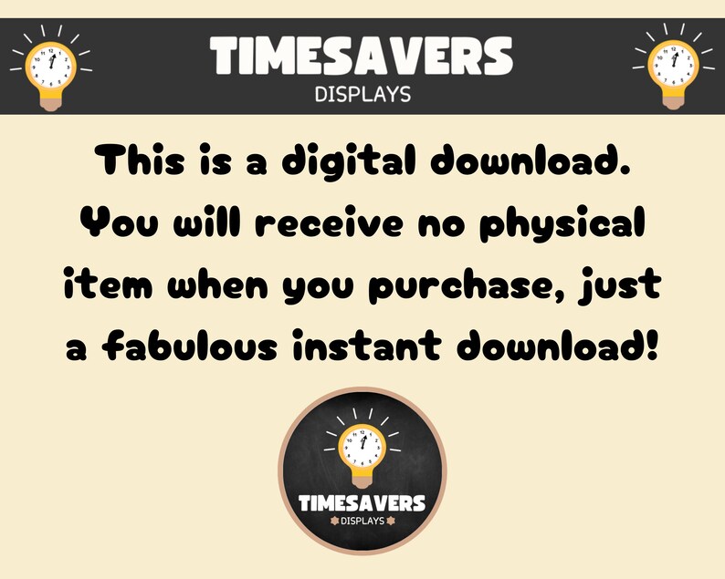May include: A yellow digital download announcement with a lightbulb graphic and the text "This is a digital download. You will receive no physical item when you purchase, just a fabulous instant download!"