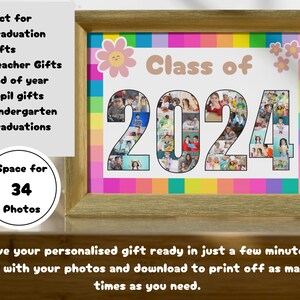 May include: A colourful photo frame with a rainbow background and a white border. The frame has a cutout of the numbers 2024, filled with photos. The text "Class of" is above the numbers. The frame is ideal for graduation or end-of-year gifts.