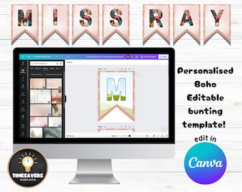 Bunting template, Personalised Bunting printable, Custom Name Bunting for Classroom Decor, Canva teacher Editable template, Class boho decor