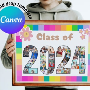 May include: A colourful class of 2024 photo collage sign with a rainbow border and a smiling flower design. The sign is made up of individual photos of students.