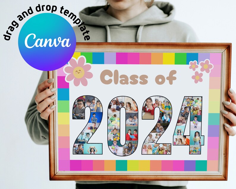 May include: A colourful class of 2024 photo collage sign with a rainbow border and a smiling flower design. The sign is made up of individual photos of students.