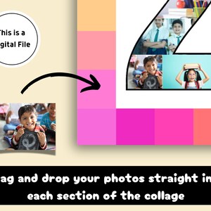 May include: A digital collage template featuring a large number "2" made up of nine smaller squares. Each square can be customized with a photo. The template is ideal for creating a personalised collage for a second birthday or anniversary.