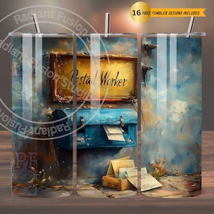 Diseño de sublimación para envoltorio de vaso delgado de 20 oz de trabajador postal, lindo collage de sellos y cartas de cartero, descarga digital PNG con acuarela