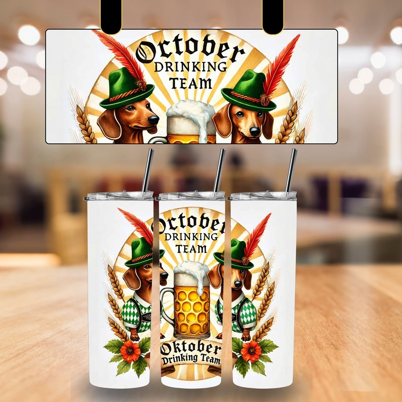 May include: Two dachshund dogs wearing green hats with feathers, holding mugs of beer. The mugs are decorated with a gold and white pattern. The background is a white and yellow sunburst pattern with the text "Oktober Drinking Team".