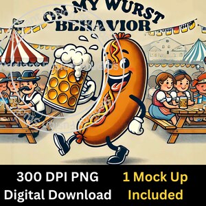May include: A cartoon sausage with a smiling face holds a beer stein and walks towards a group of people sitting at picnic tables. The text "On My Wurst Behaviour" is at the top of the image.
