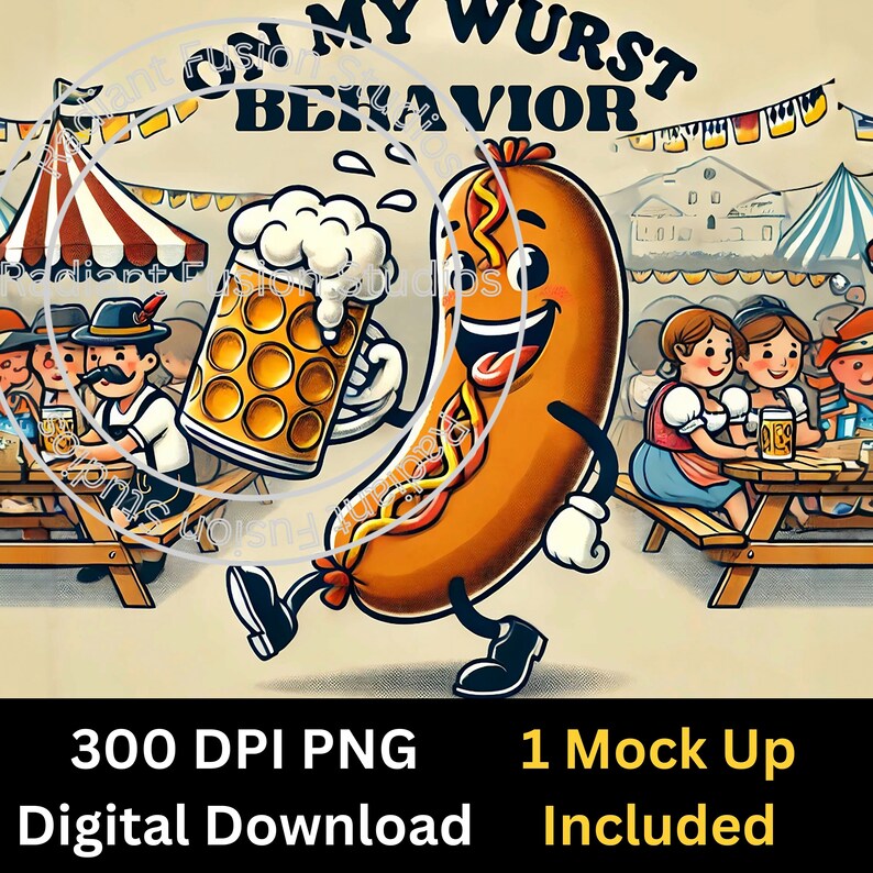 May include: A cartoon sausage with a smiling face holds a beer stein and walks towards a group of people sitting at picnic tables. The text "On My Wurst Behaviour" is at the top of the image.