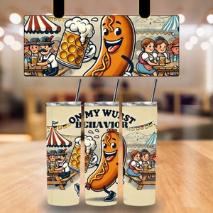 May include: A white tumbler featuring a cartoon sausage holding a beer mug. The text "On my wurst behaviour" is printed on the tumbler. The background is a cartoon scene of a German beer garden with people sitting at tables.