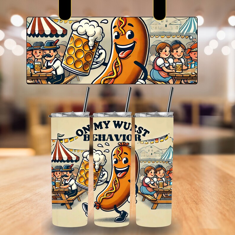 May include: A white tumbler featuring a cartoon sausage holding a beer mug. The text "On my wurst behaviour" is printed on the tumbler. The background is a cartoon scene of a German beer garden with people sitting at tables.