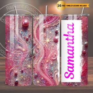 May include: A pink and white tumbler with a glitter design and a swirl pattern. The tumbler has a white background with the name "Samantha" written in pink letters.