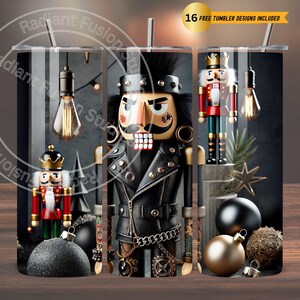 May include: A stainless steel tumbler with a design of a punk rock nutcracker in a black leather jacket, with a mohawk and gold chain. The tumbler also features other nutcracker designs and the text "16 FREE TUMBLER DESIGNS INCLUDED".