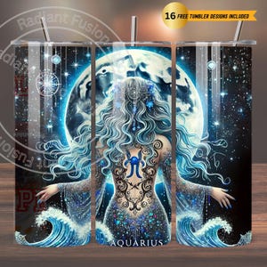 Verseau zodiaque gobelet Wrap design céleste, astrologie PNG 20 oz verre droit maigre sublimation, téléchargement numérique instantané sans couture