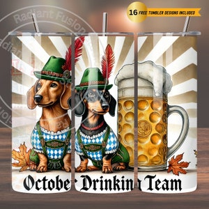 May include: Two dachshund dogs wearing traditional German lederhosen and hats, holding a stein of beer. The text "Octobe Drinkin Team" is printed below the dogs.