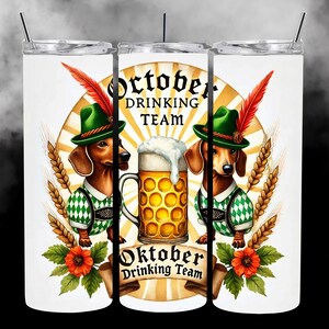 May include: Two dachshund dogs wearing traditional German outfits and hats are holding a stein of beer. The text "Oktober Drinking Team" is on the white background.