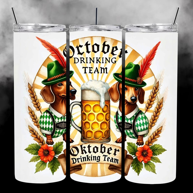May include: Two dachshund dogs wearing traditional German outfits and hats are holding a stein of beer. The text "Oktober Drinking Team" is on the white background.