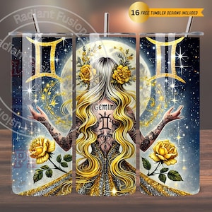 Copo Tumbler Gemini Zodiac Design Celestial, Astrologia PNG Copo Tumbler Skinny Straight de 20 oz Sublimação, Download Digital Instantâneo Sem Costura