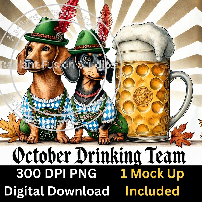 May include: Two dachshund dogs wearing traditional German lederhosen and hats, standing next to a large glass of beer with a foamy head. The text "October Drinking Team" is below the image.