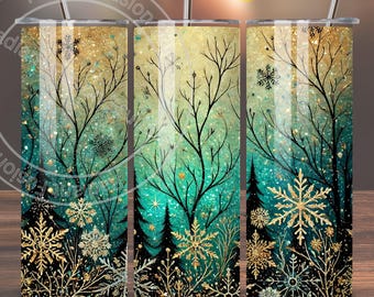 May include: A set of three stainless steel tumblers with a winter forest scene. The tumblers feature a green and gold glitter background with black trees and snowflakes. The text "16 FREE TUMBLER DESIGNS INCLUDED" is visible at the top of the image.