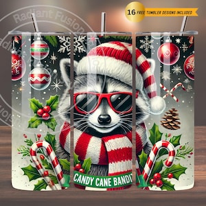 Candy Cane Bandit Raccoon 20oz Tumbler Wrap, Cute Christmas Raccoon in Santa Hat & Shades, PNG, Sublimation Digital Download, Holiday Design
