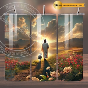 May include: A digital illustration of a man walking with a lamb in a field with a sunset in the background. The man is wearing a white robe and the lamb is white. The field is green and there are flowers in the foreground. The sky is orange and pink.