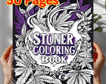 Op de afbeelding: Een zwart-wit kleurboek met een paars en wit marihuanabladontwerp. De titel van het boek is "Stoner Coloring Book" en het heeft 30 pagina's.