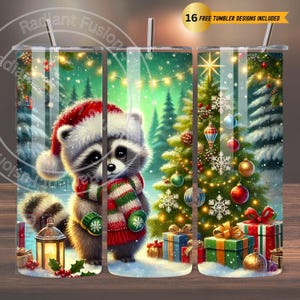 Christmas Raccoon 20oz Tumbler Wrap: Holiday Scene (PNG Digital Download)